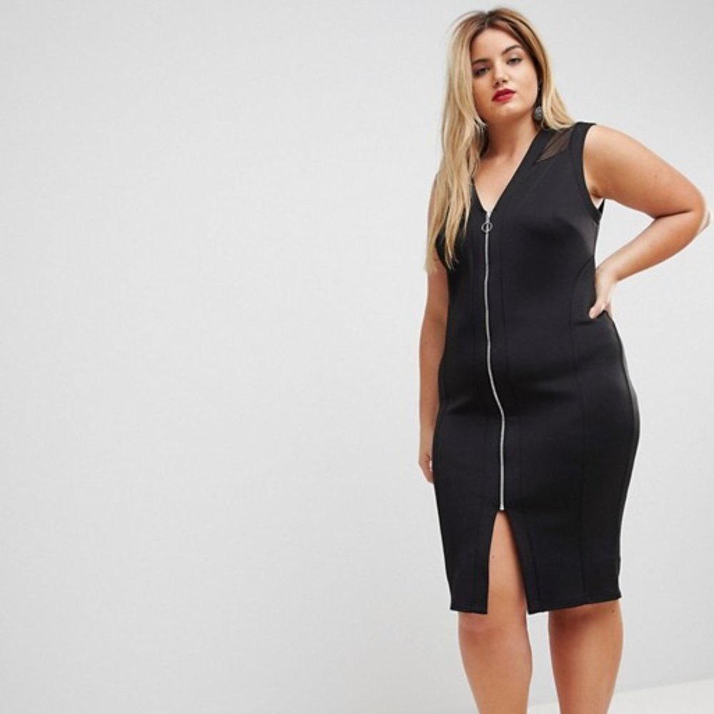ASOS CURVE Mesh Insert Bodycon Zip Midi Dress